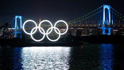 Olympic rings on a bridge in Tokyo