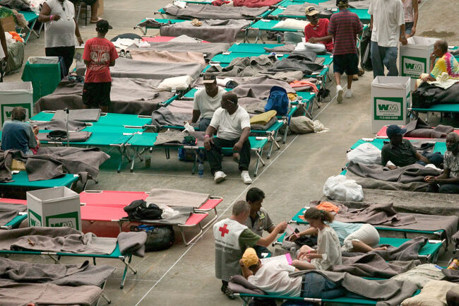 Thousands of hurricane Katrina survivors at a refuge at a Red Cross shelter in the Houston Astrodome.