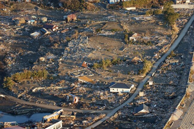 An aerial view of damage to North Honshu, Japan after a 9.0 magnitude earthquake and subsequent tsunami devastated the area in northern Japan. 