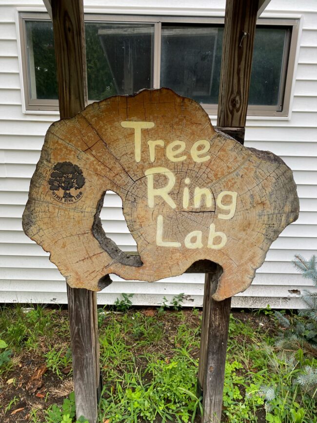 The sign outside the Tree Ring Lab on a Huon Pine from the Stanley River in Tasmania.