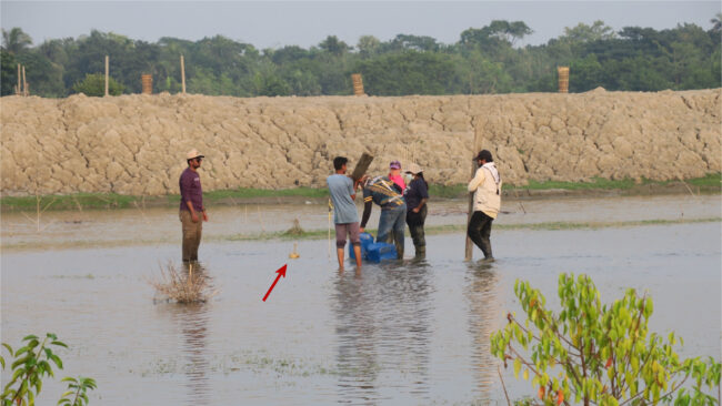 Tim membawa peralatan ke lapangan yang terendam banjir