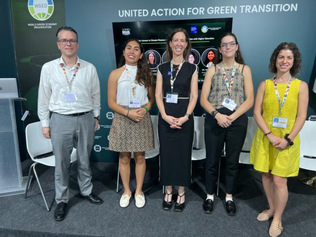 Panelists at a COP30: Jeff Schlegelmilch, Alejandra Valdivia Espinoza, Alexis Abramson, Amy Campbell and Lara Fornabaio
