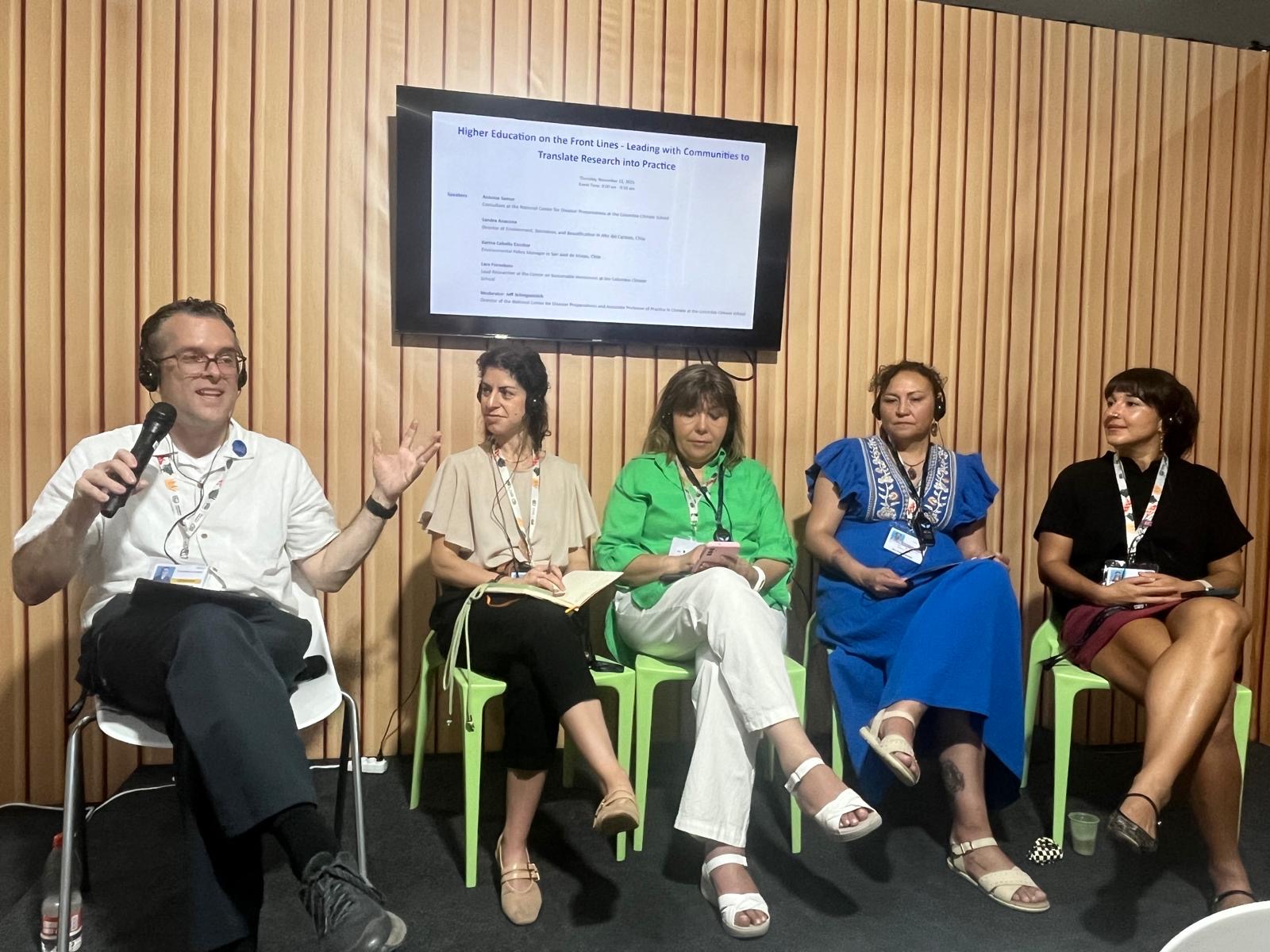 A panel at COP30 featuring: Jeff Schlegelmilch, Lara Fornabaio, Karina Cabello Escobar, Sandra Anacona, and Antonia Samur.