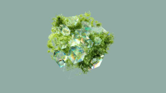 An artist's illustration of AI—something like a floating crystalline structure with moss growing on it