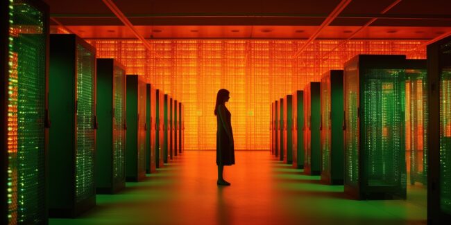 An AI generated image of a women standing by data banks in an AI data center