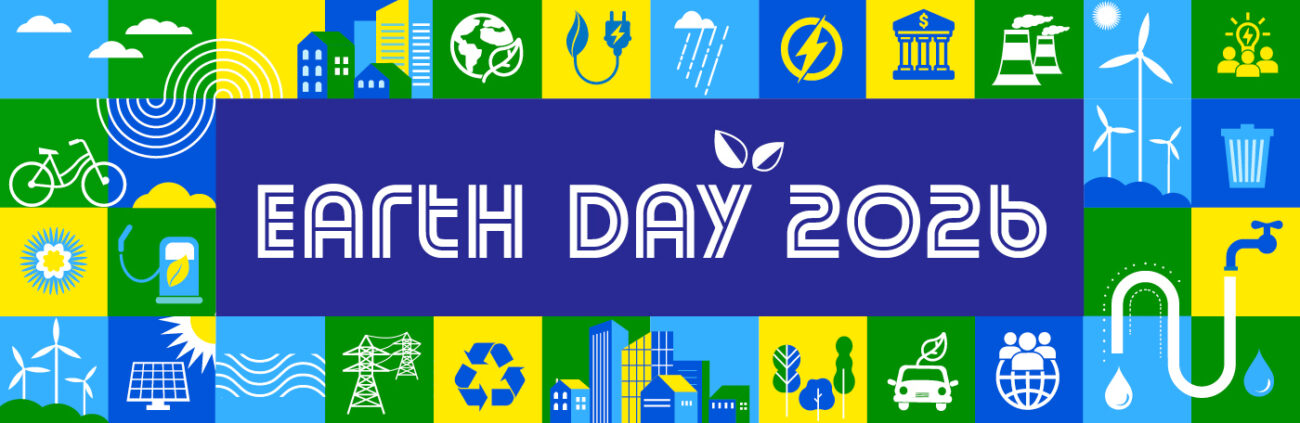 Colorful icons representing nature, sustainable living, and renewable energy with text "Earth Day 2026"