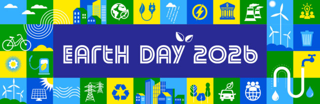 Colorful icons representing nature, sustainable living, and renewable energy with text Earth Day 2026