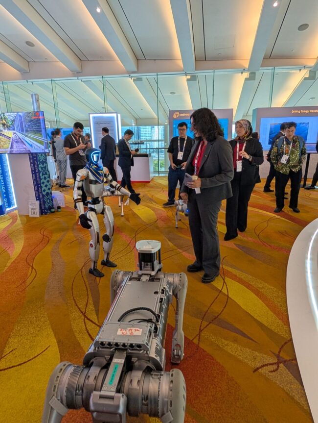 Anuka Upadhye with robots at energy conference