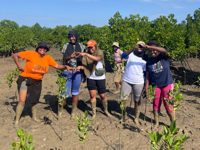 Group poses at a mangrove reforestation site in Kenya