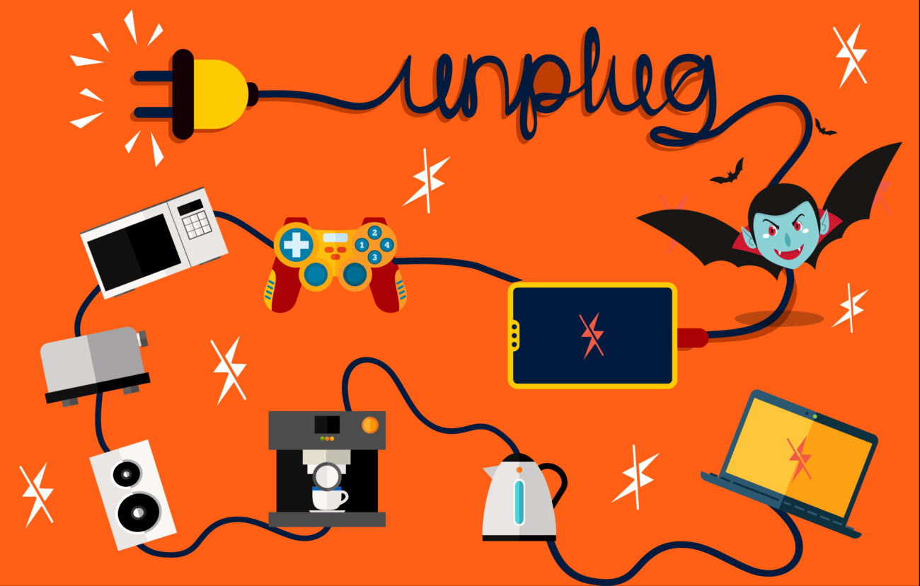 An illustration with a variety of appliances connected via an power cord, connected to the word "unplug"