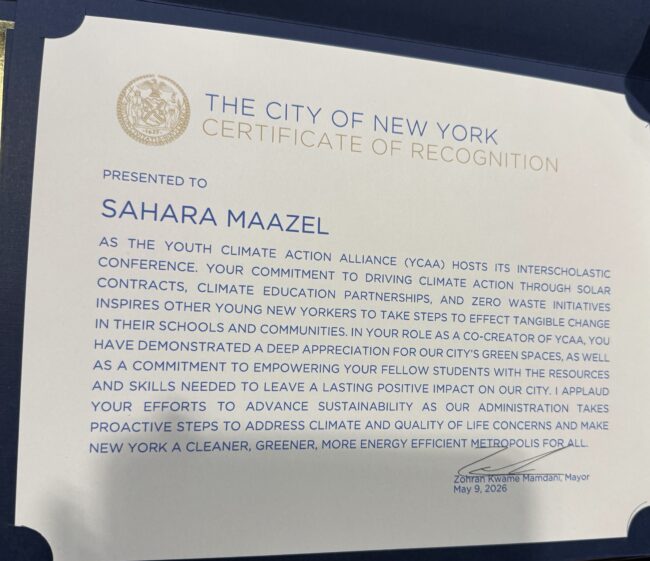 Certificate of Achievement award from Mayor Mamdani