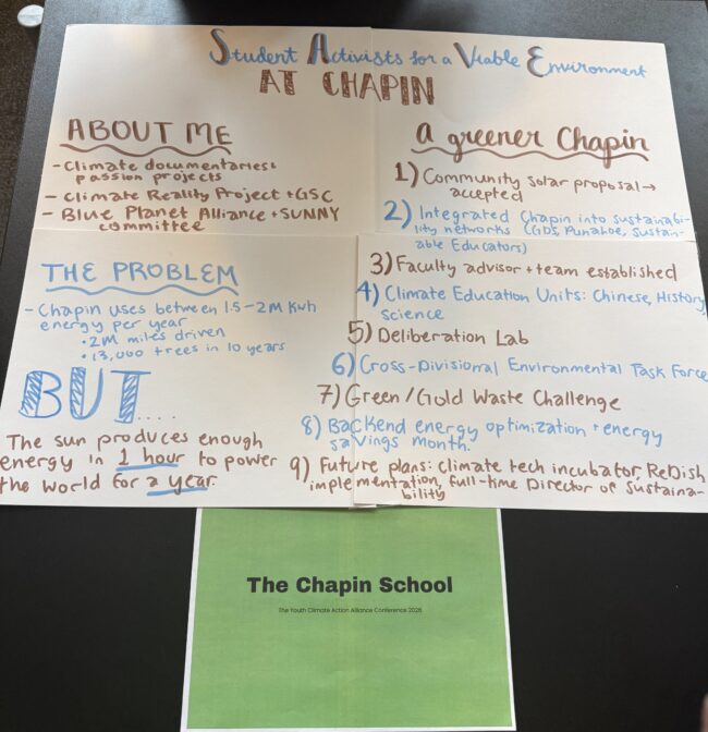 Climate action project poster from the Chapin School
