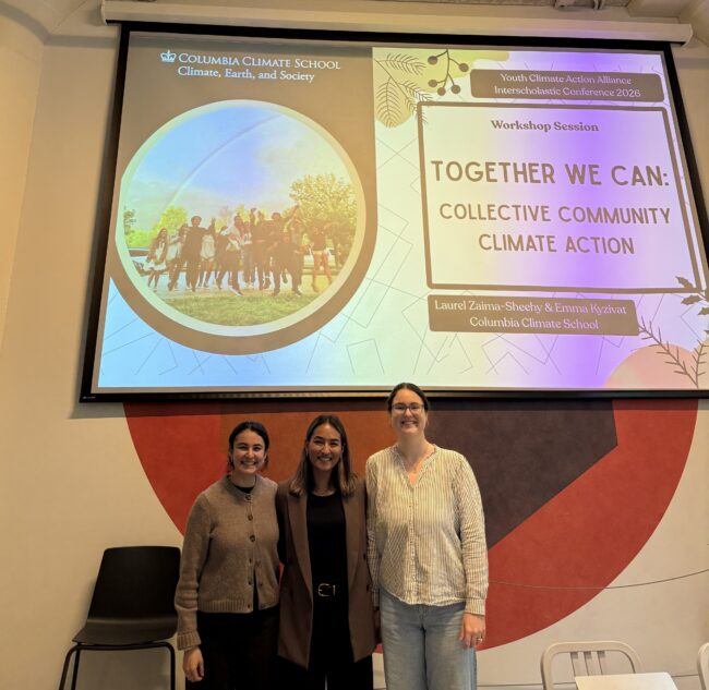 Laurel Zaima-Sheehy, Emma Kyzivat, and Aynsley Kretschmar presenting at the YCAA Conference with slide behind them