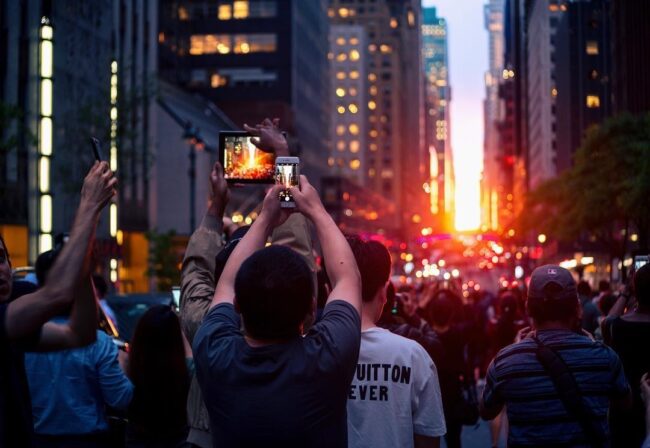 A crowd holding phones in an attempt to capture the sunset
