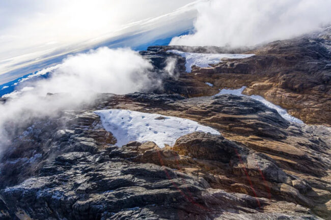 Aerial view of remaining glacial ice on Puncak Jaya, Papua.