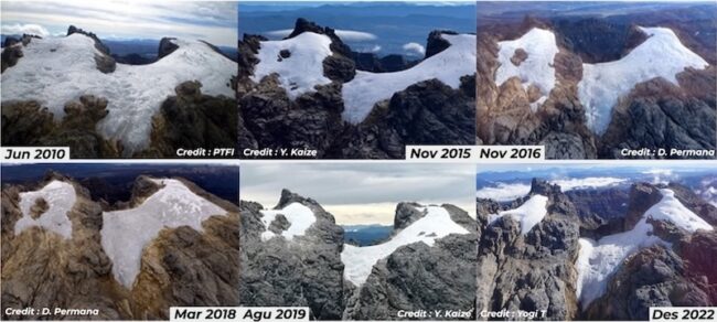 Images showing Puncak glacier decline between 2010 and 2022.