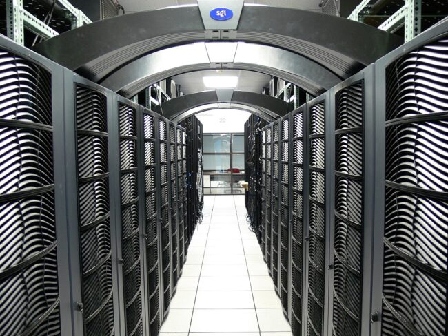 A photo showing large computer banks in a data center at Virginia Tech
