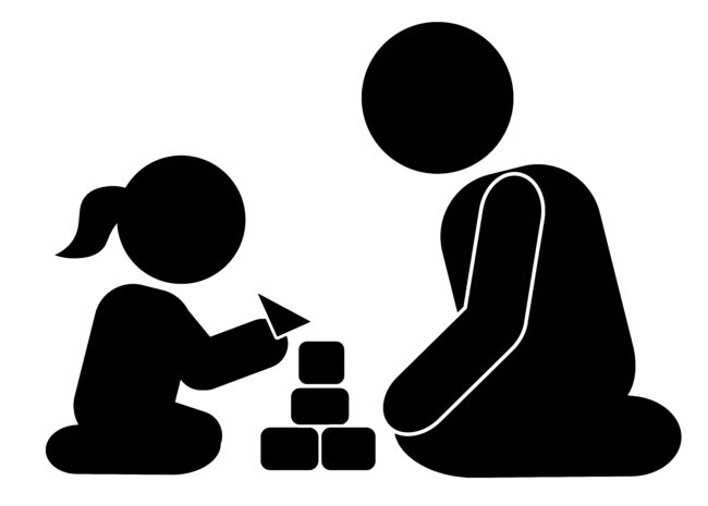 A pictograph of a parent and toddler with building blocks