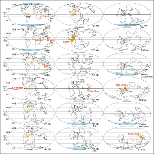 Eighteen of the 53 maps created by the authors show Earth’s shifting geography through time. Orange marks major volcanic regions near the equator; blue shows polar zones associated with major ice ages.