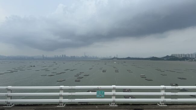 Cloudy bay view with a distant city skyline and floating oyster farms, seen from a bridge