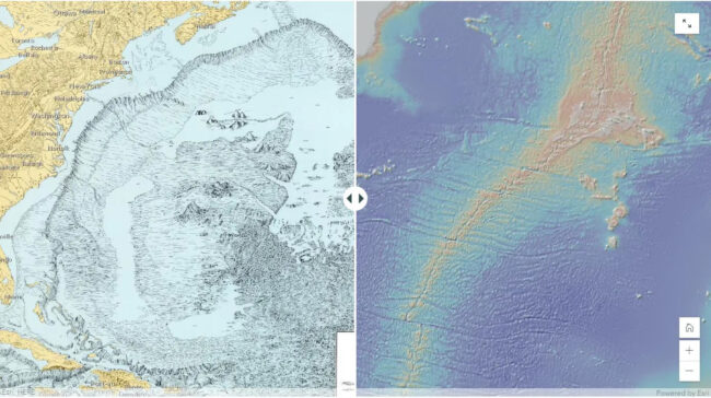Two maps of the North Atlantic Physiographic Diagram [Heezen and Tharp, 1959] courtesy of Lamont-Doherty Earth Observatory and the estate of Marie Tharp (left), and the current Global Multi-Resolution Topography (GMRT) Synthesis actively curated at Lamont-Doherty Earth Observatory (right).