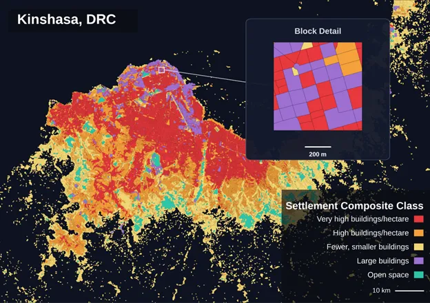 Settlement blocks from the new GRID3 dataset, showing composite building classification across Kinshasa, Democratic Republic of the Congo.