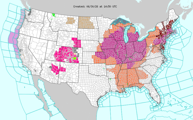 U.S. weather alert map showing widespread warnings across the Midwest, Northeast, and South