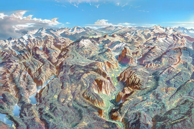 Panoramic painting of Yosemite National Park from a bird's eye view, showing snowy peaks, lakes, and green valleys.