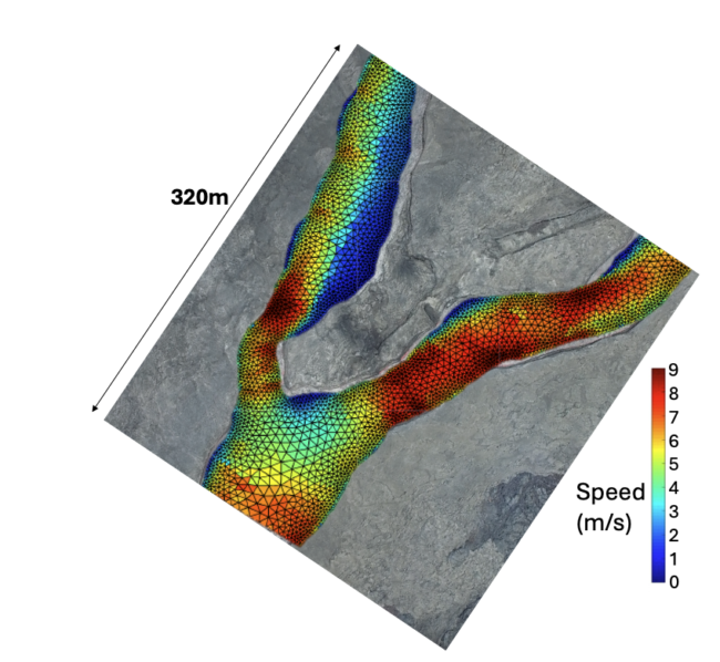 a color map that shows a section of lava flow. the colors represent the different flow velocities at different parts of the flow