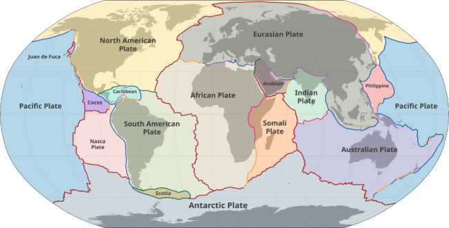 An illustration of a world map showing the outlines of Earth's tectonic plates.