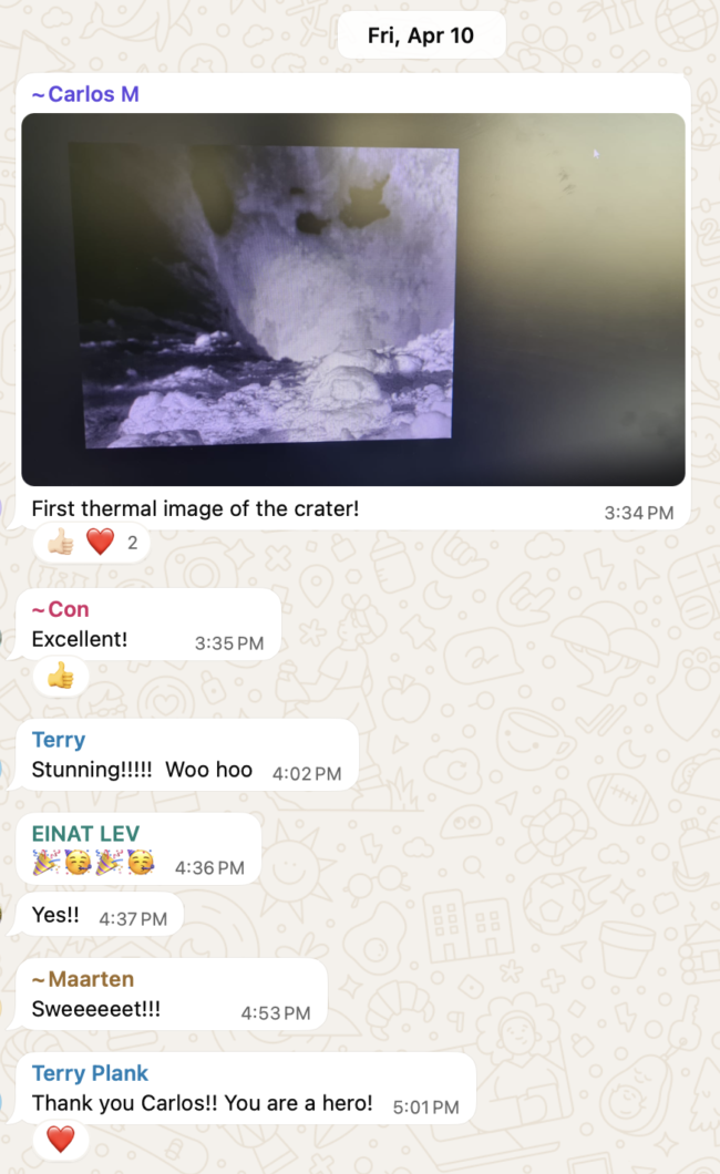Team excitement in a group chat over the first thermal images of Villarrica's crater,  relayed from the mountain.