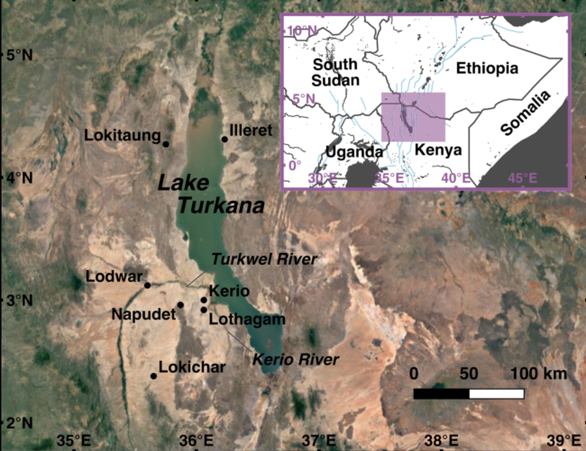Google satellite imagery showing
the location of Napudet and other points of
interest around Lake Turkana.