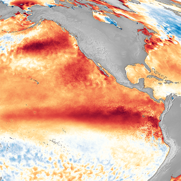 World map showing colorized modeling of warming oceans.
