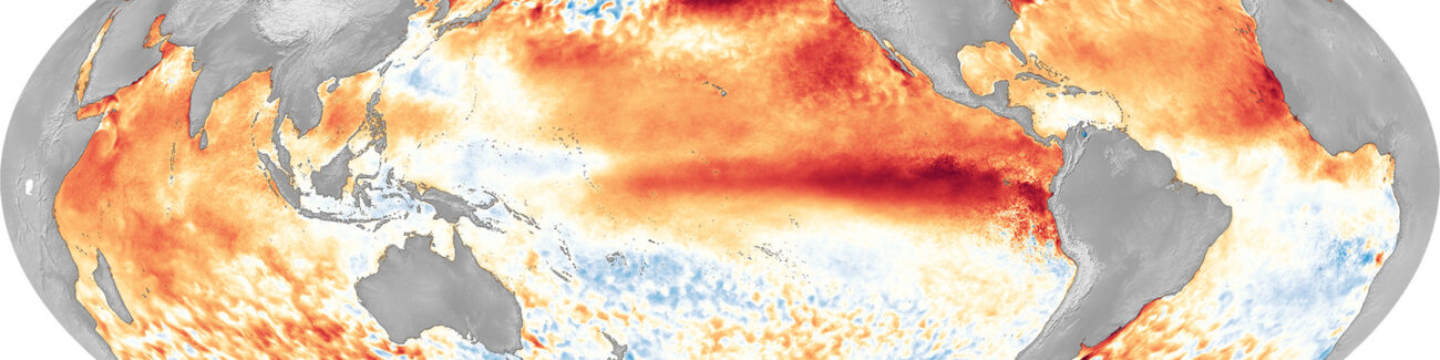 World map showing colorized modeling of warming oceans.