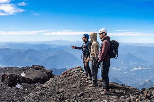 Maarten de Moor, TK and TK scout out locations on for the MultiGAS sensor. In distance is the 12,388-foot Lanin volcano, situated on the border between Chile and Argentina. Photo by Francesco Fiondella 