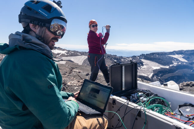Conor Bacon and Einat Lev test the thermal camera before installing it in a aluminum casing. The computer and other electronics will be stored in rugged plastic cases, which will sit directly on the rim surface. Photo by Francesco Fiondella