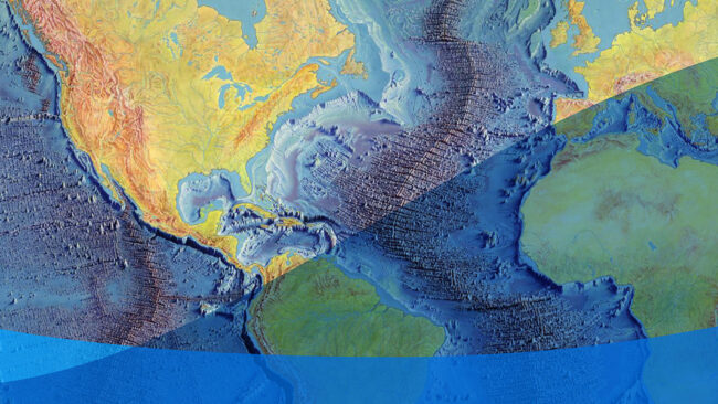 Colorful world map with blue design swishes.