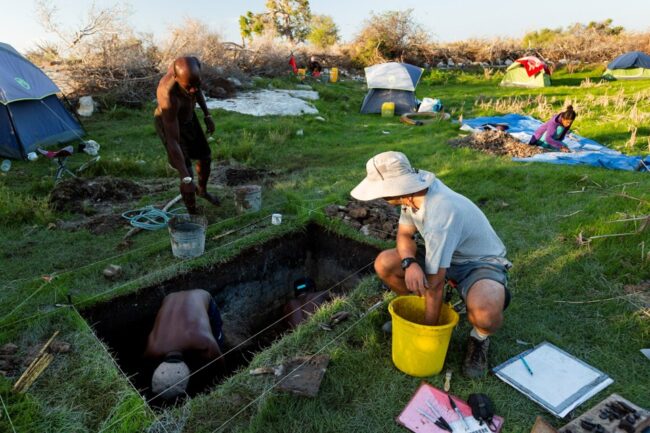 Excavating with the Morombe Archaeological Project at the Ankatoke archeological site in southwest Madagascar. Credit: Garth Cripps