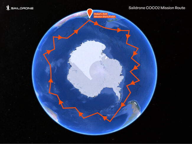 Approximate track the uncrewed surface vehicles will take on their Southern Ocean circumnavigation of Antarctica.