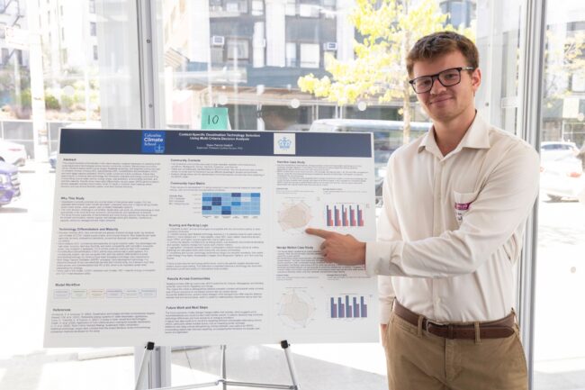 Dylan Dettloff stands in front of his poster at the Research Showcase