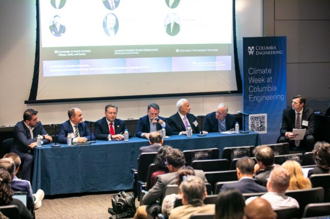 Panel discussion on climate week at Columbia Engineering, with six panelists seated before an audience