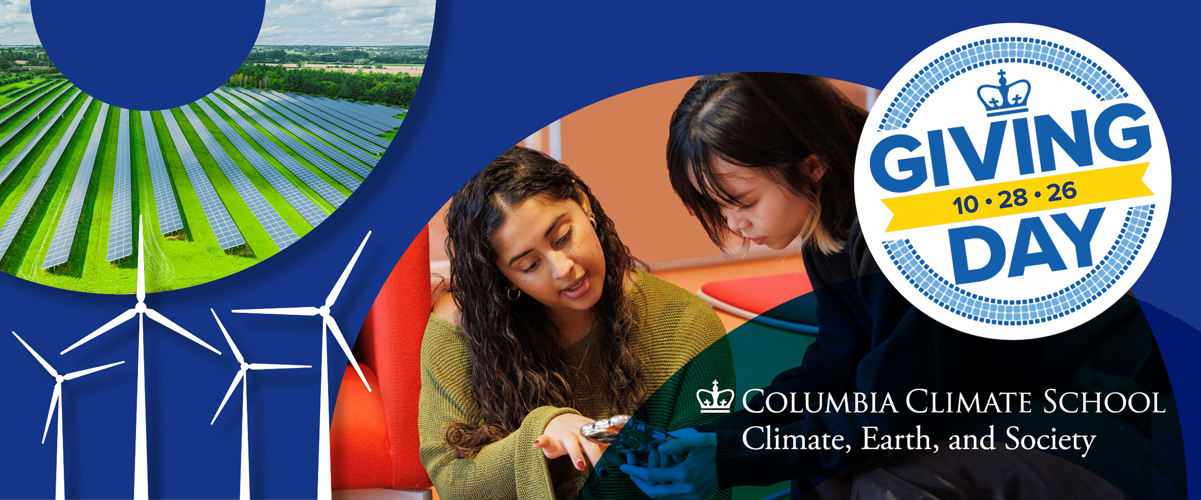 Columbia Climate School Giving Day on October 28, 2026, featuring students and renewable energy imagery