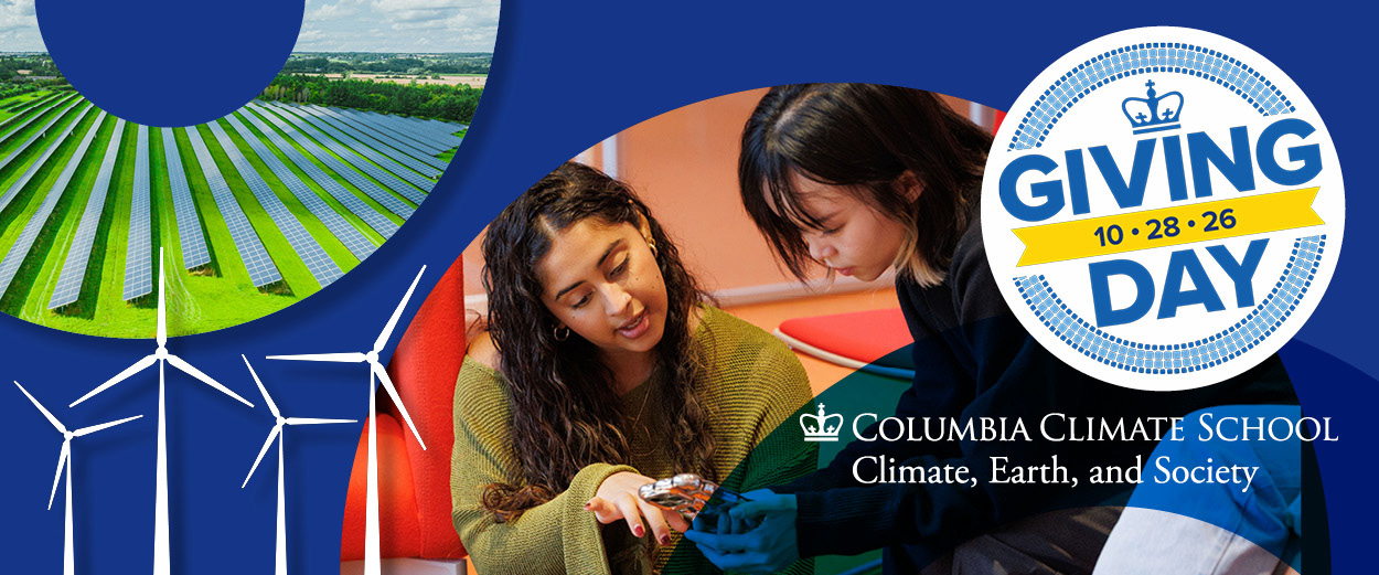 Columbia Climate School Giving Day on October 28, 2026, featuring students and renewable energy imagery