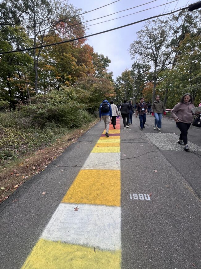 People walk along a tree-lined road with autumn foliage and a colorful painted stripe running down the pavement