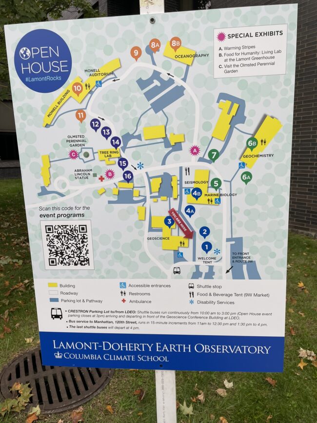 Lamont-Doherty Earth Observatory Open House map showing buildings, pathways, exhibits, services, and shuttle stops
