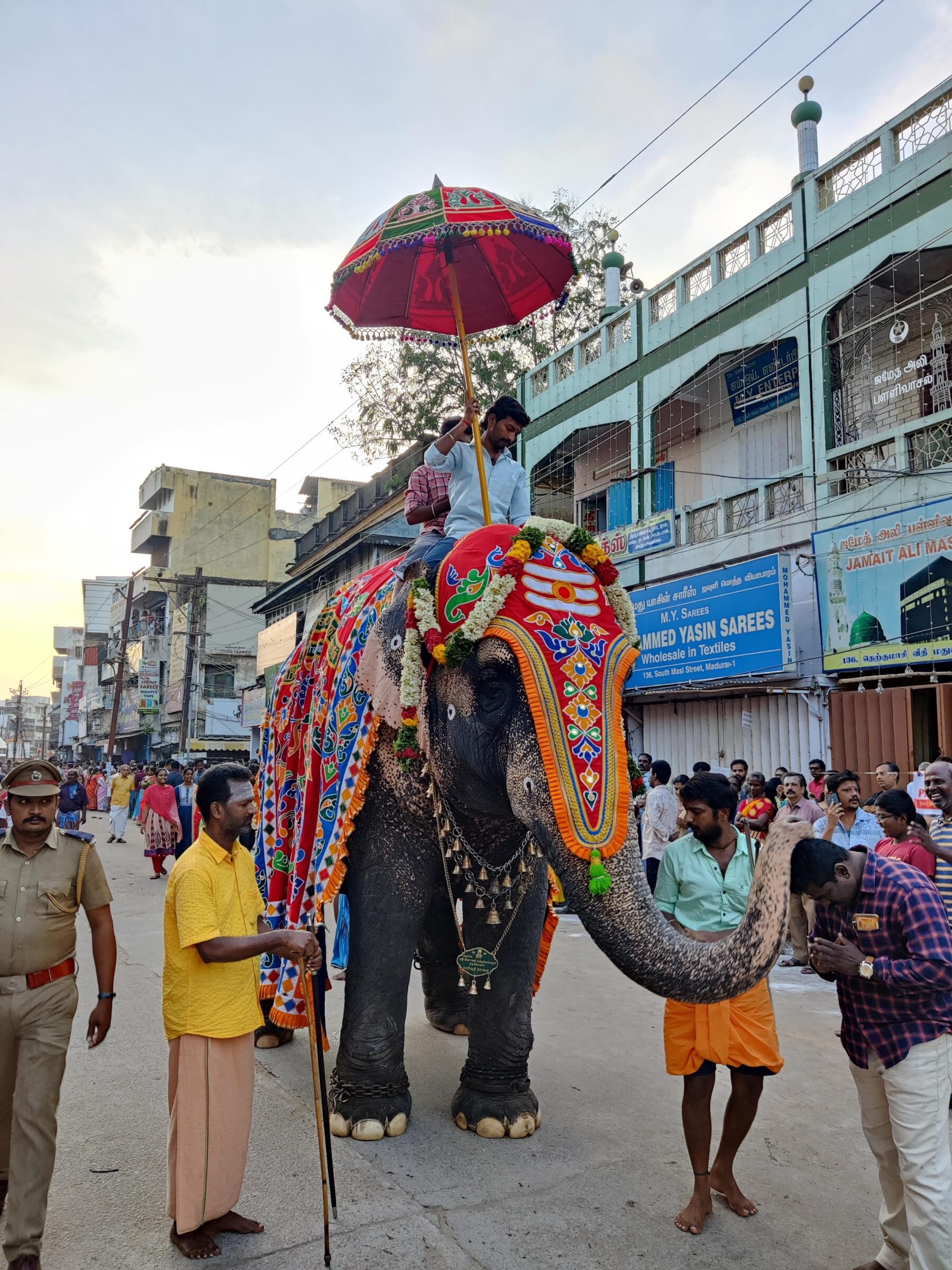 A costumed elephant is paraded down a busy street in India