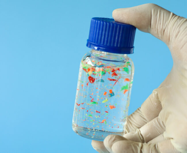 Microplastics in a test tube against a blue background 